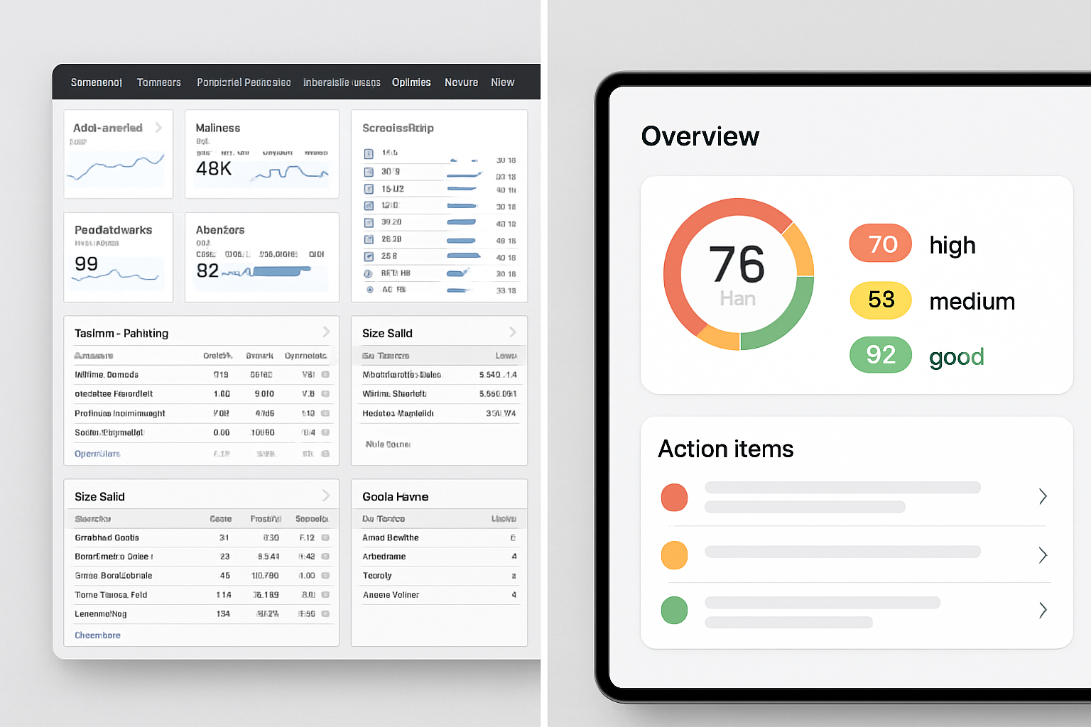 A split-screen comparison showing a cluttered traditional SEO tool dashboard versus a clean, intuitive AI-powered SEO platform with color-coded priority scores and simple action items