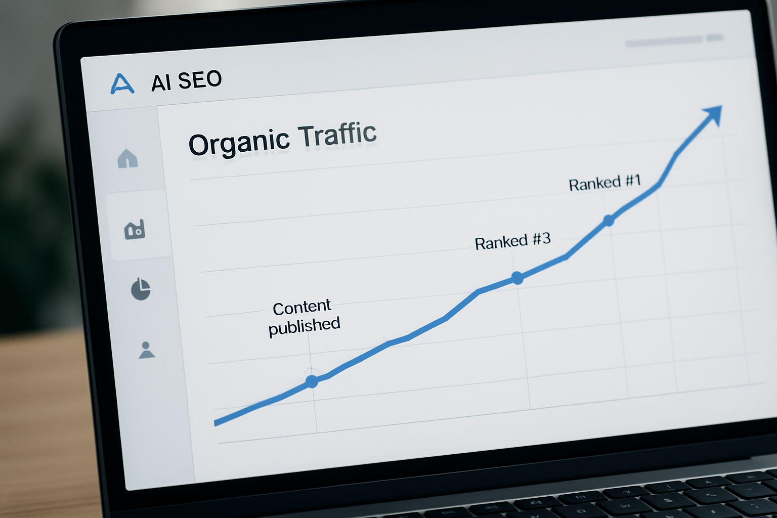 An upward-trending organic traffic graph on a clean AI SEO platform dashboard, with key milestone annotations showing content publication dates and ranking improvements for a small business website