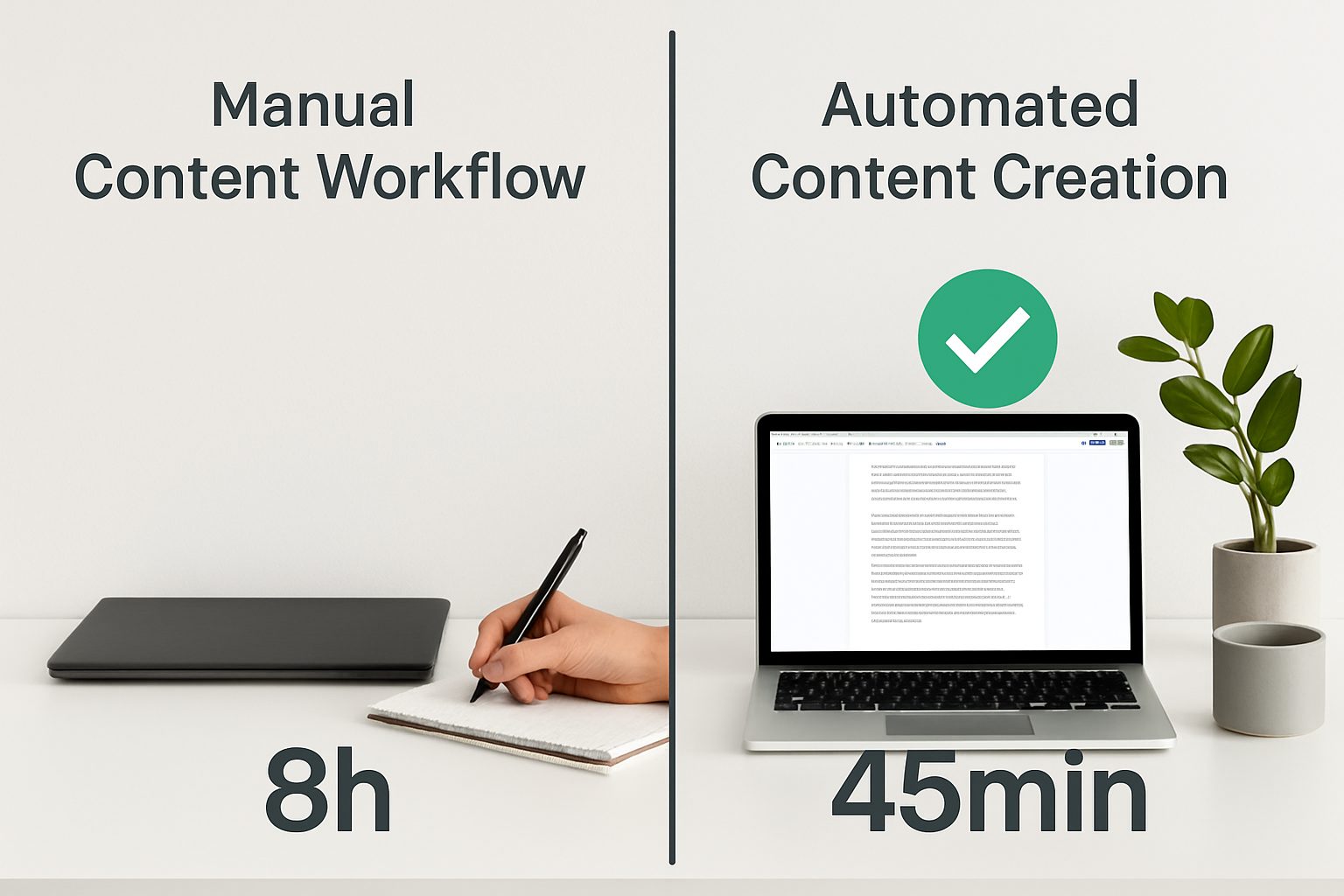 A side-by-side comparison graphic showing a manual content workflow taking 8 hours versus an automated SEO content creation tool workflow completing the same task in 45 minutes, with green checkmarks on the automated side