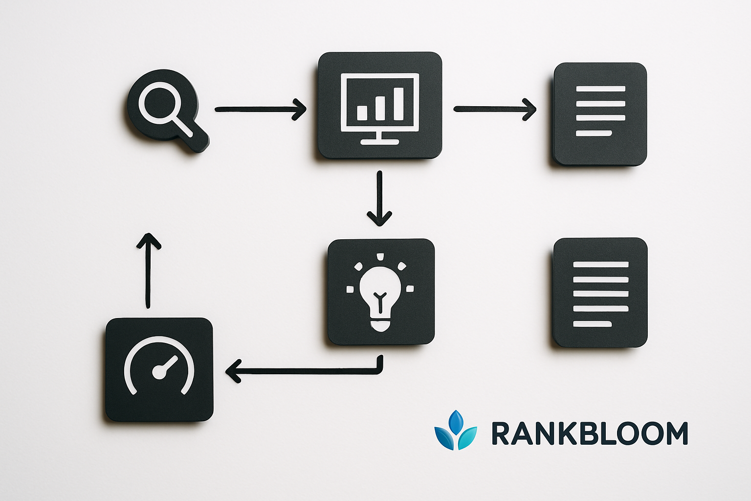 A flowchart showing the full automated SEO content creation workflow from keyword input through SERP analysis, AI drafting, optimization scoring, and final publication, with RankBloom SEO branding in the corner