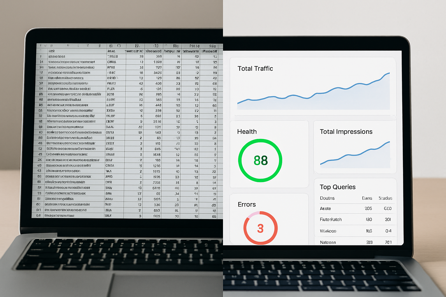 A split-screen comparison showing a cluttered legacy SEO spreadsheet on the left versus a clean, modern SaaS SEO analytics dashboard with live charts and color-coded health indicators on the right