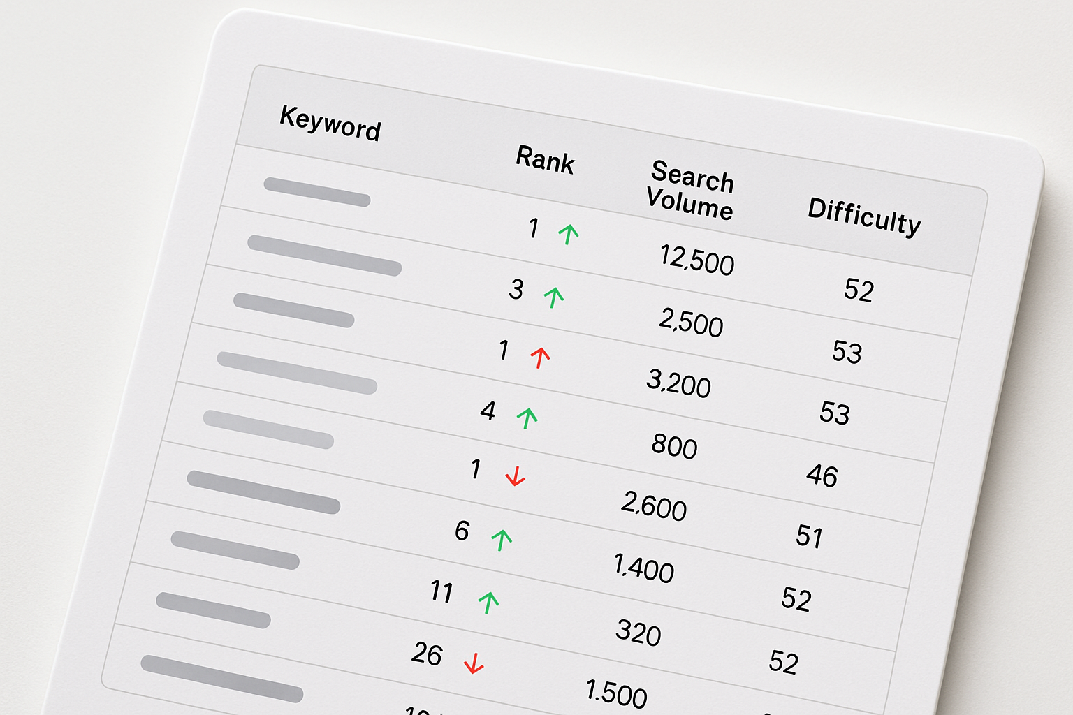 A detailed keyword tracking section of a SaaS SEO analytics dashboard showing a table of keywords with current rankings, ranking changes indicated by green up-arrows and red down-arrows, search volume, and difficulty scores against a white background