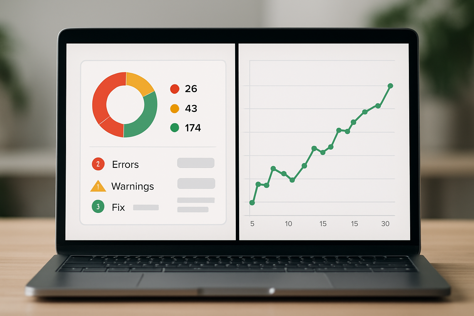 A split-screen visualization showing a technical SEO audit dashboard on one side with error severity scores and fix recommendations, and a clean keyword ranking chart on the other side, both displayed on a laptop screen