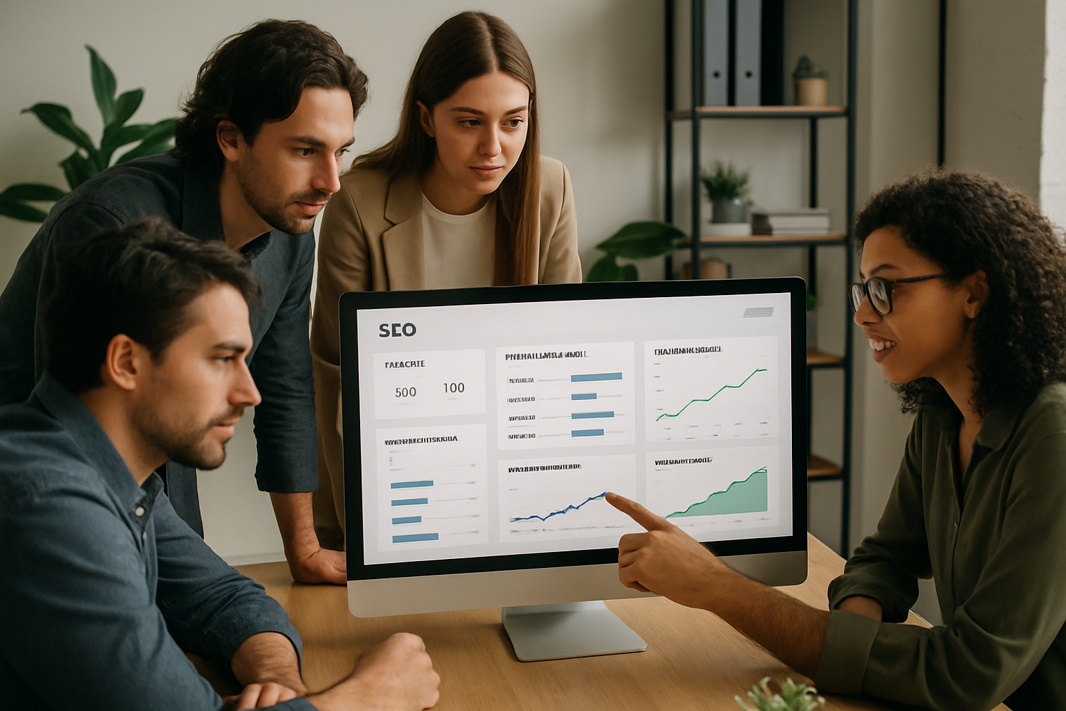 An agency marketing team collaborating around a large monitor showing a multi-client SEO dashboard with white-label reports, keyword tracking graphs, and traffic growth indicators displayed in a clean, modern interface