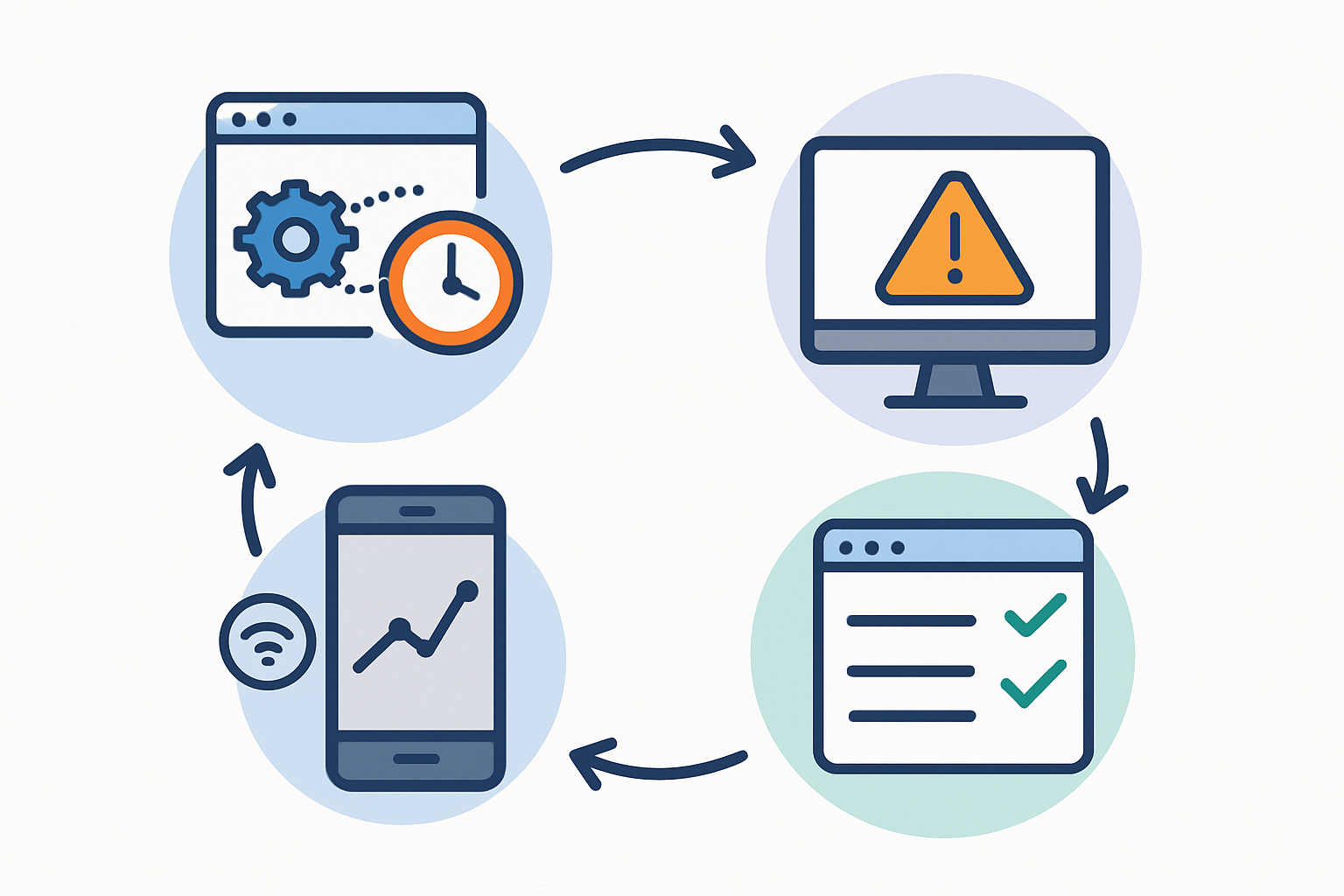 An illustrated diagram showing automated technical SEO workflows including crawl scheduling, error detection alerts, structured data validation, and mobile performance monitoring, connected by arrows in a circular flow chart