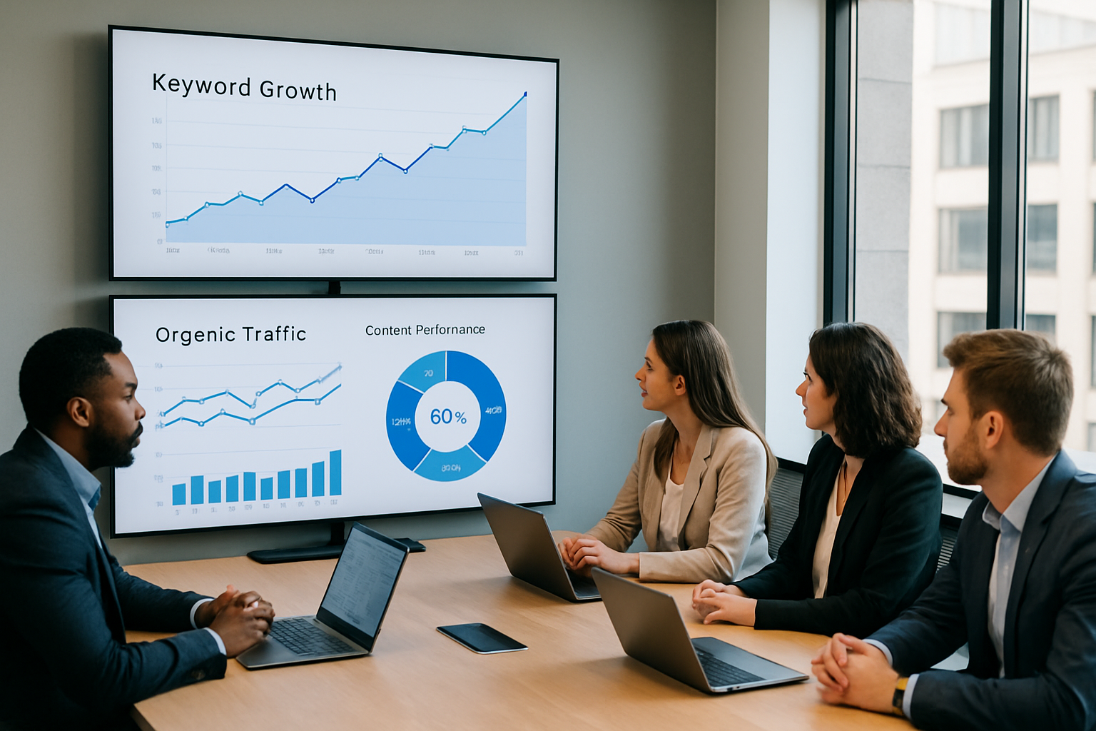 A collaborative enterprise marketing team reviewing automated SEO reports on large screens in a modern meeting room, with data visualizations showing keyword growth, organic traffic trends, and content performance metrics