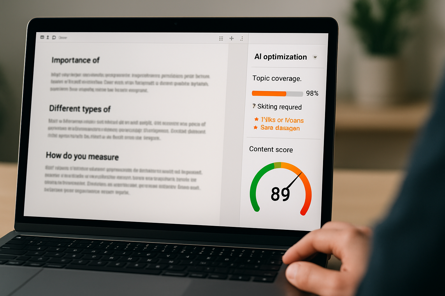 Side-by-side comparison showing a content editor with AI optimization scoring panel on the right, displaying topic coverage percentage, missing subtopics highlighted in orange, and a real-time content score meter moving from 62 to 89 as suggestions are applied
