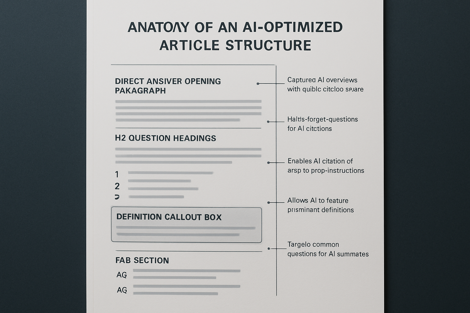Infographic showing the anatomy of an AI-optimized article structure, with labeled sections including a direct-answer opening paragraph, H2 question headings, numbered step lists, a definition callout box, and an FAQ section at the bottom, with annotations explaining why each element helps capture AI overview citations