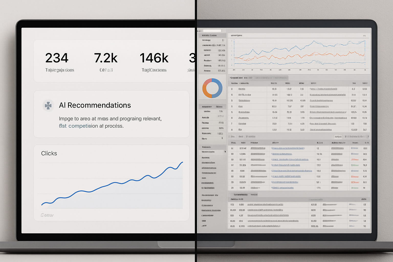 A split-screen visual showing the interface of a modern AI-powered SEO dashboard on the left with clean metrics and AI recommendations, contrasted with a complex, cluttered legacy SEO tool interface on the right — illustrating the simplicity advantage of modern platforms