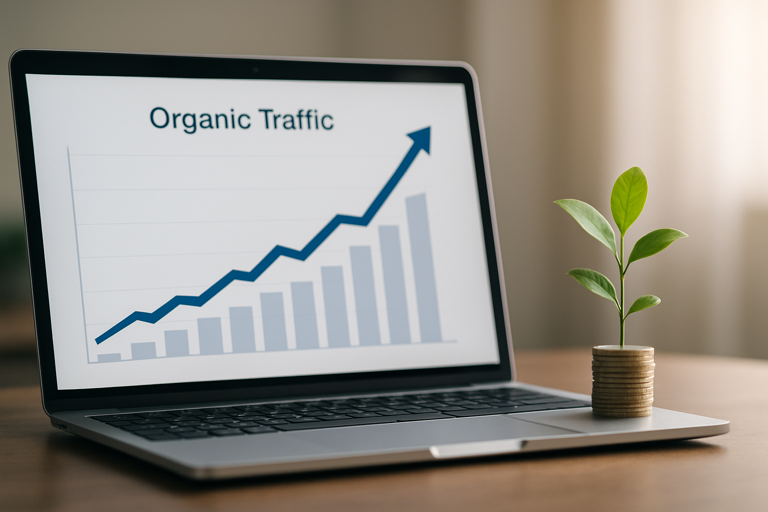 An upward-trending organic traffic graph displayed on a laptop screen, with a small plant growing from a coin stack beside it — symbolizing the compounding growth and ROI of long-term SEO investment for startups
