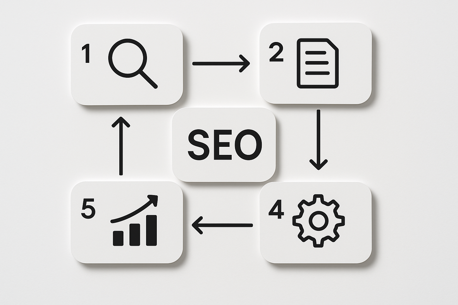 A step-by-step visual flowchart illustrating the SEO process from keyword research to content creation, optimization, link building, and performance tracking, using a clean modern design with numbered steps and minimal icons