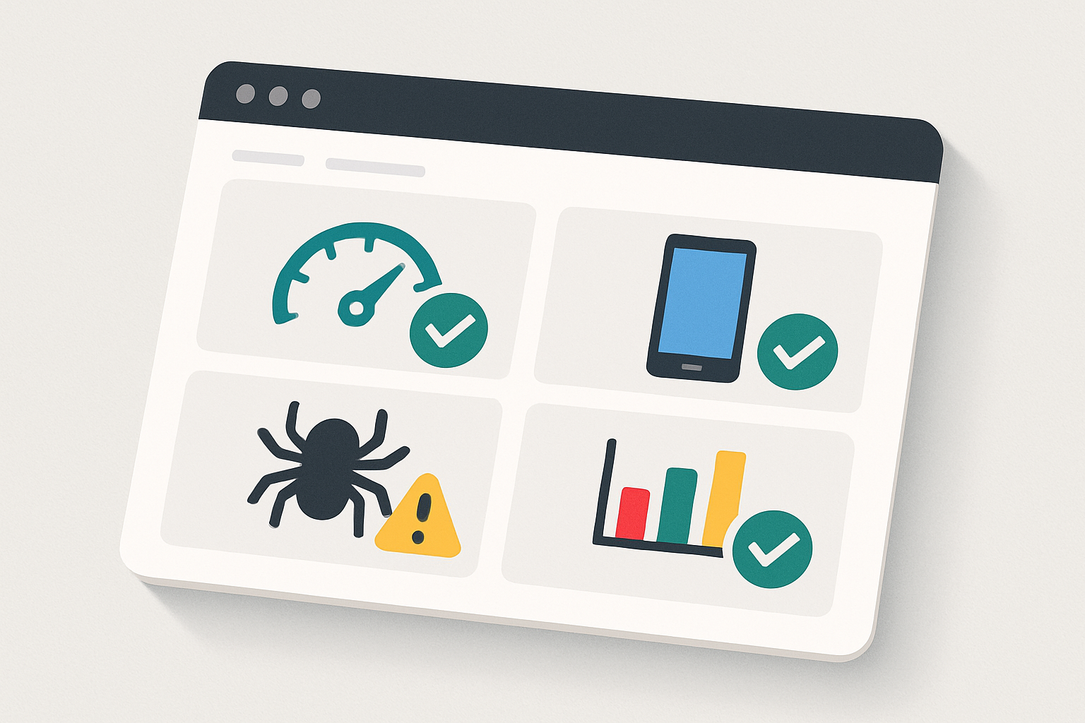 A clean technical SEO audit dashboard illustration showing icons for site speed, mobile optimization, crawl errors, and Core Web Vitals with green checkmarks and yellow warning indicators, presented in a modern flat design style