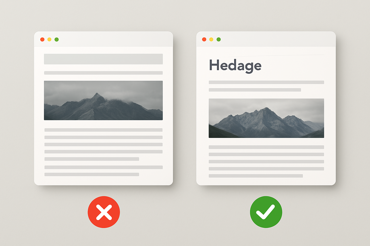 A side-by-side comparison graphic showing a poorly optimized webpage (no headings, large images, no keyword structure) versus a well-optimized webpage (clear headings, compressed images, keyword-rich title), with green checkmarks and red crosses indicating differences