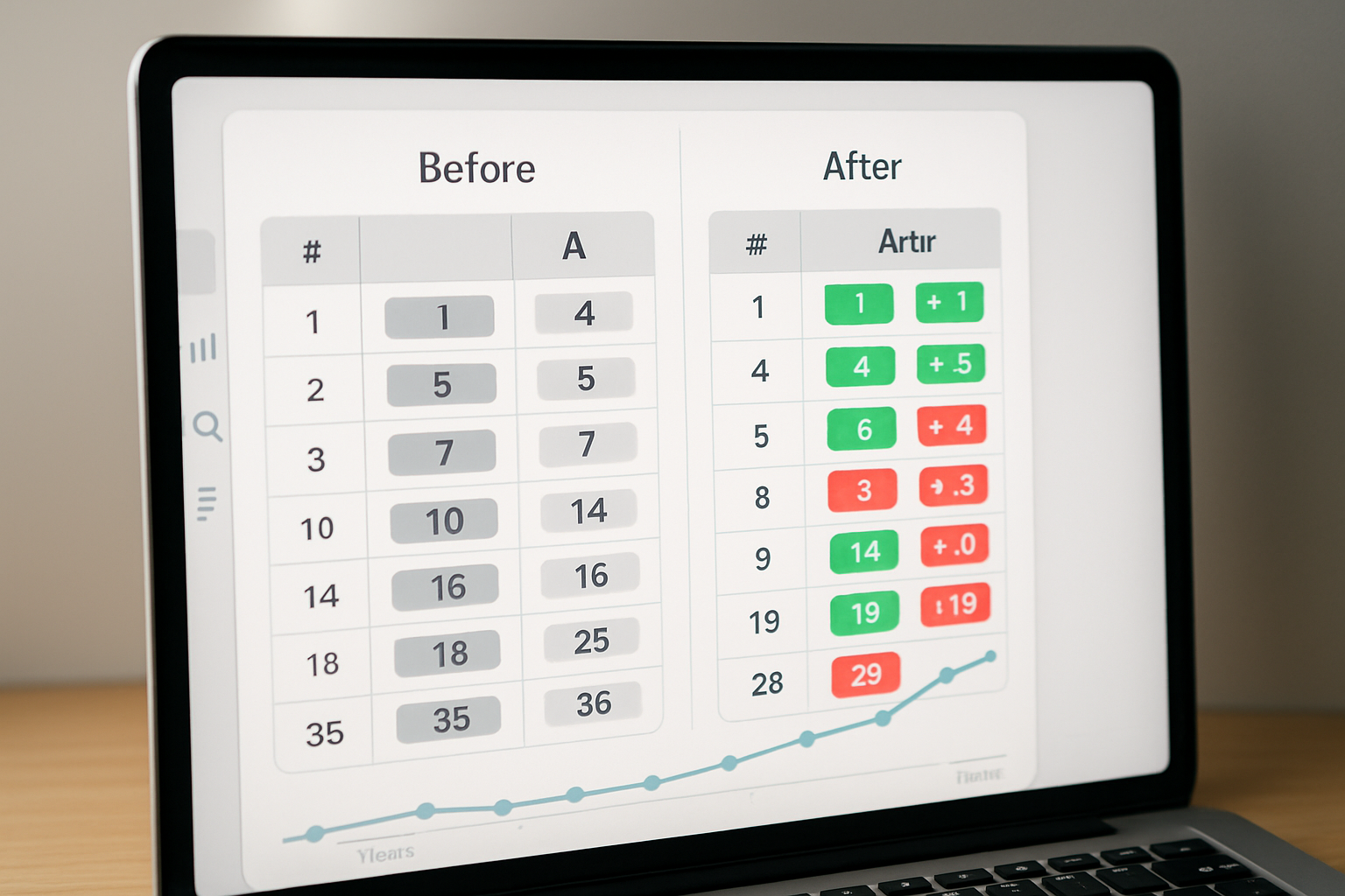 A side-by-side comparison chart showing keyword rankings before and after an SEO campaign, with color-coded position changes and a timeline spanning several weeks, displayed on a modern analytics interface