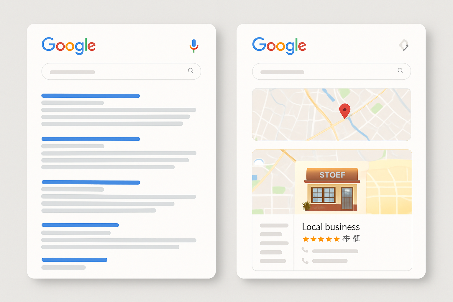 A side-by-side comparison graphic showing a Google search results page with the Local Pack map listing highlighted, featuring a small business appearing prominently in local results with star ratings and contact information visible