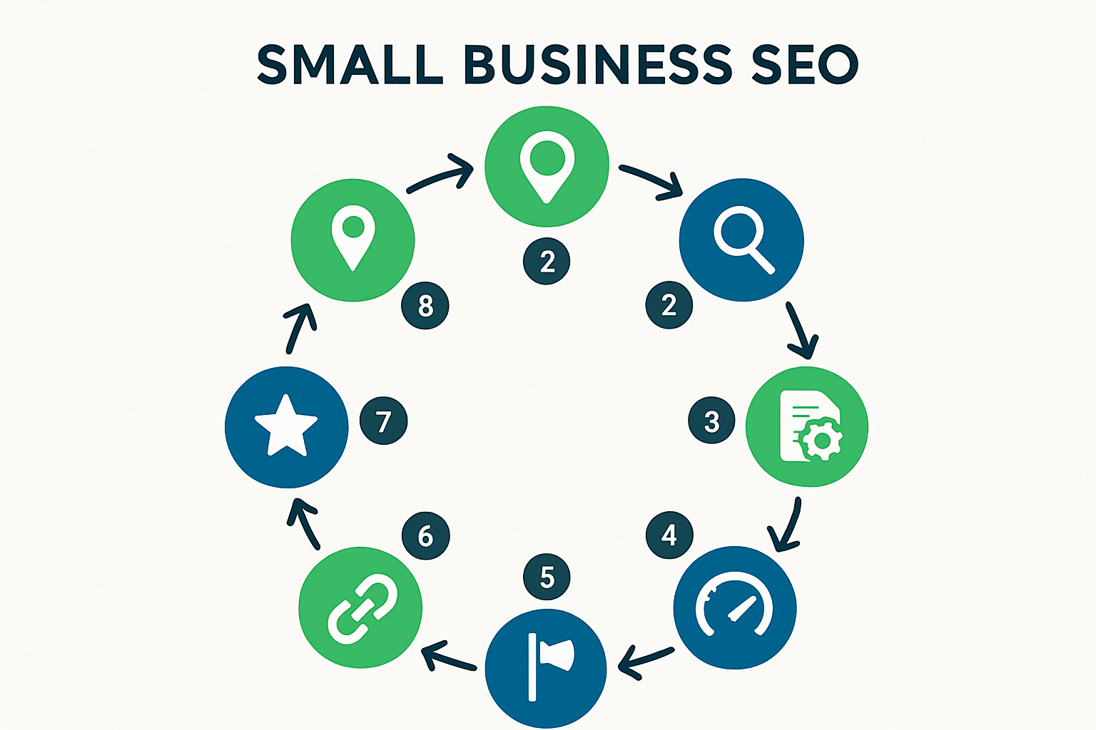 A clean, modern infographic-style illustration showing eight numbered steps of small business SEO in a circular flowchart format, using blue and green brand colors, with icons representing each step such as a map pin, magnifying glass, speedometer, and upward arrow