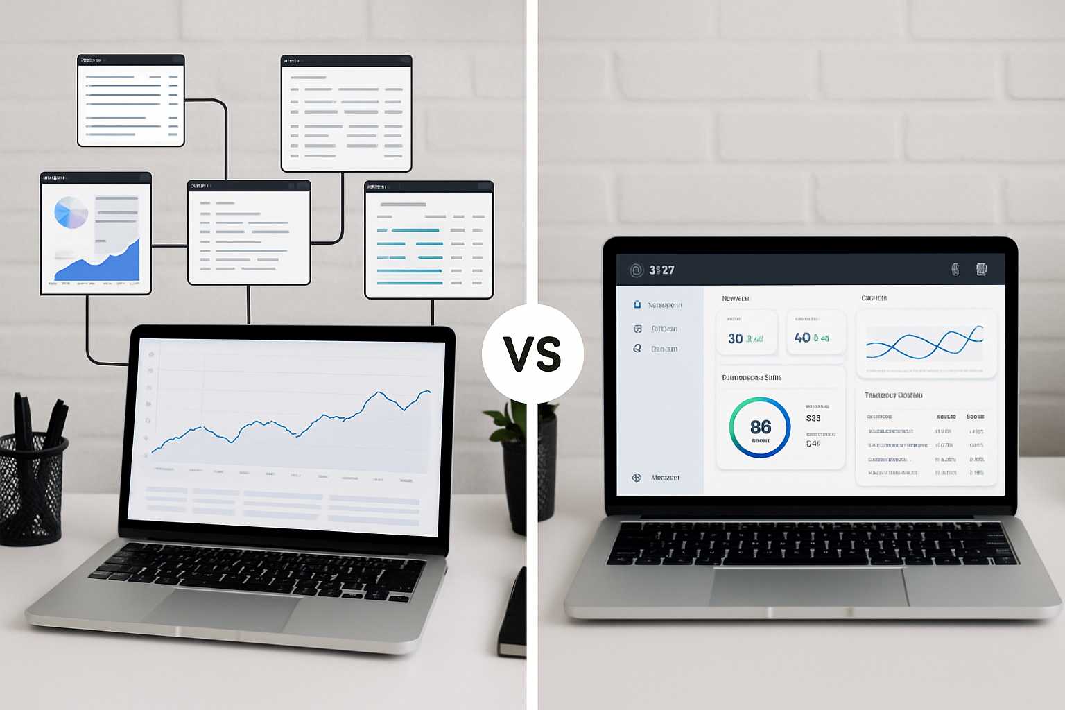 A side-by-side comparison graphic showing a cluttered traditional SEO workflow with multiple disconnected tools versus a streamlined AI SEO software dashboard where all functions connect in one intelligent interface