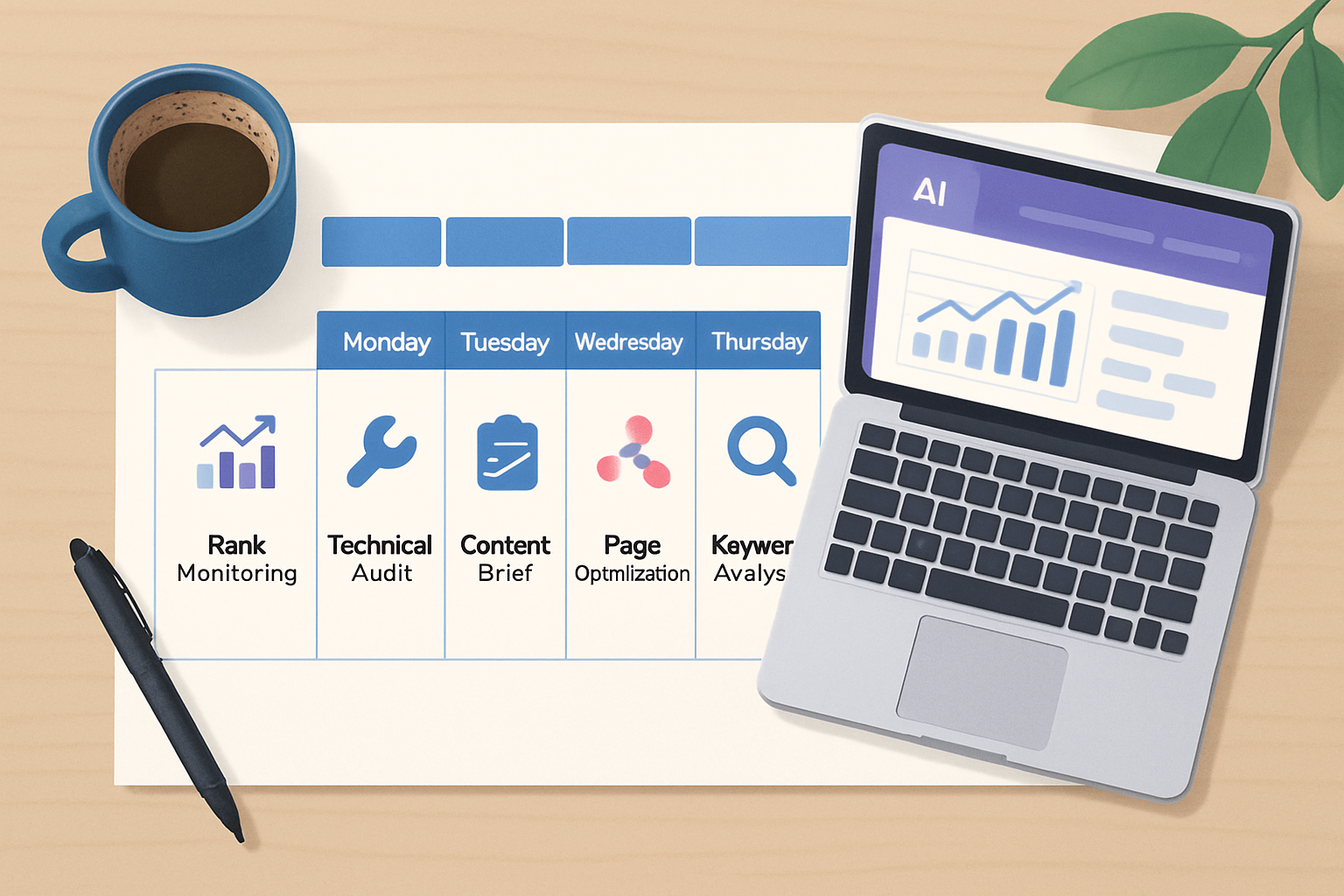 An illustrated weekly workflow chart for AI SEO software users, showing Monday through Friday tasks including rank monitoring, technical audits, content brief review, page optimization, and keyword analysis all powered by an AI dashboard