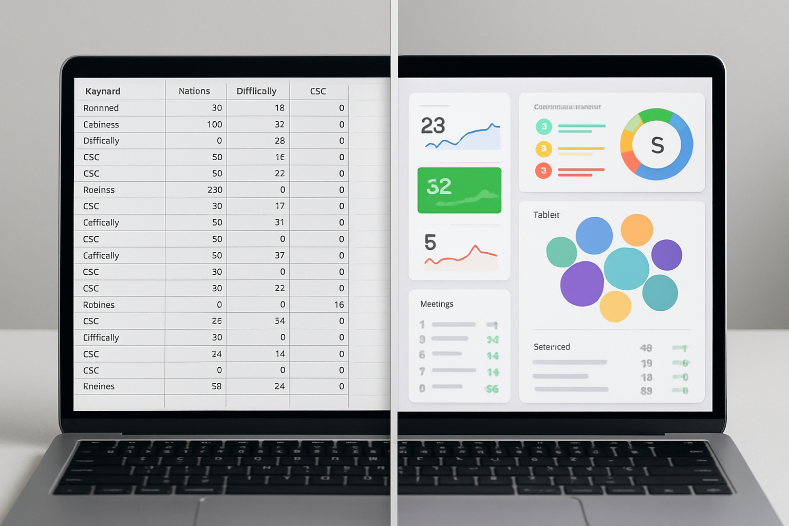 A split-screen comparison graphic showing a traditional keyword spreadsheet on one side versus a modern AI-powered SEO dashboard with color-coded recommendations, topic clusters, and real-time ranking updates on the other side