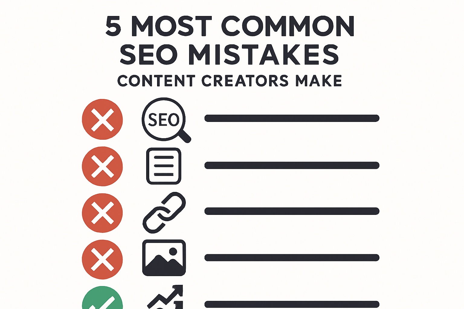An infographic-style illustration showing the five most common SEO mistakes content creators make, depicted as a visual checklist with red X marks and green checkmarks, clean white background with bold typography and icons