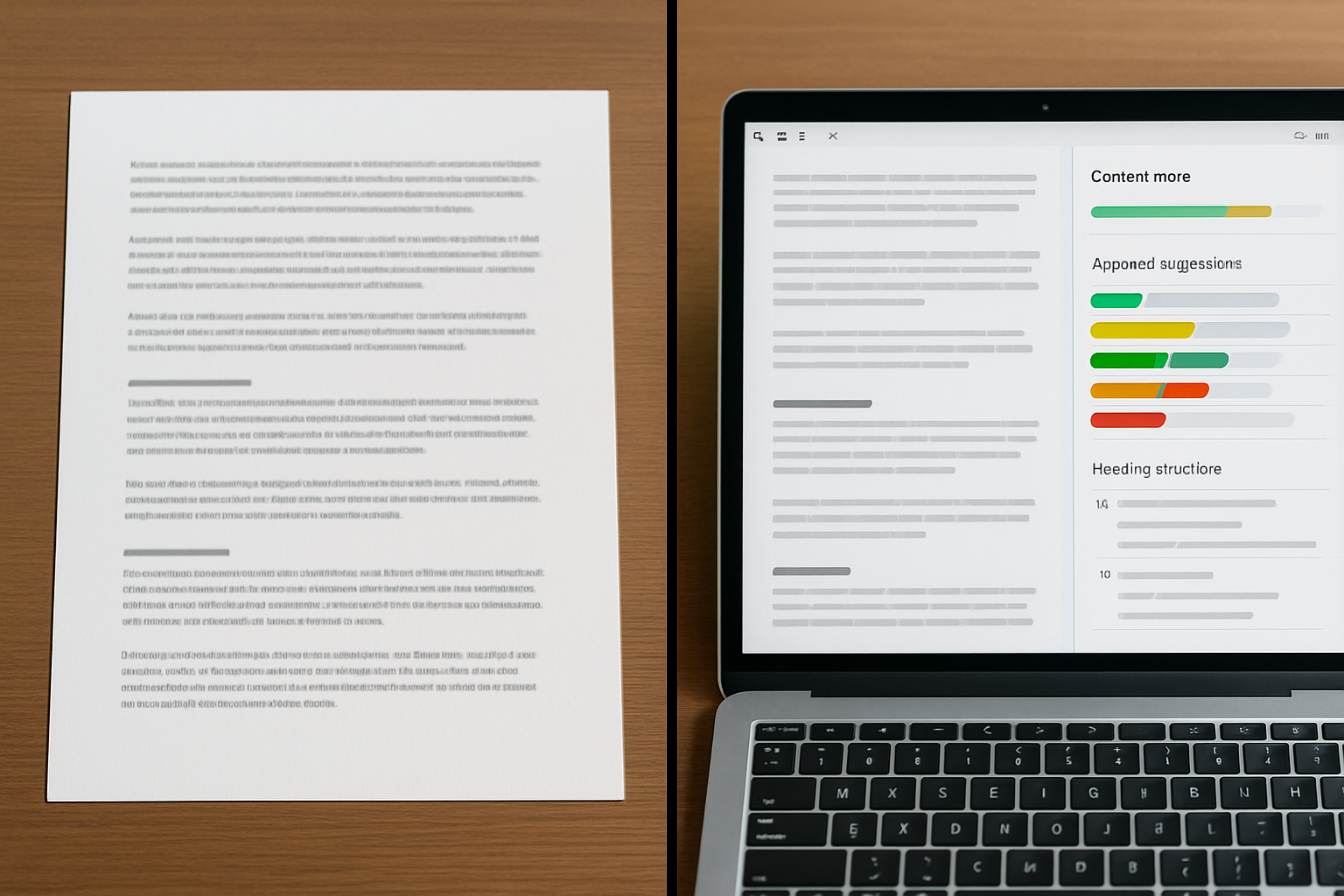 A split-screen comparison showing a plain text document on the left and the same content in an SEO content generation tool on the right, with color-coded keyword suggestions, content score progress bar, and heading structure analysis