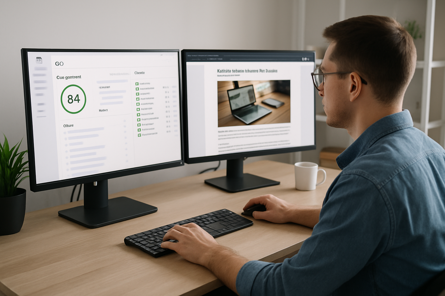 A content creator working at a desk with dual monitors — one screen showing an SEO content generation tool with a high content score and keyword checklist, the other showing the published article preview in a browser