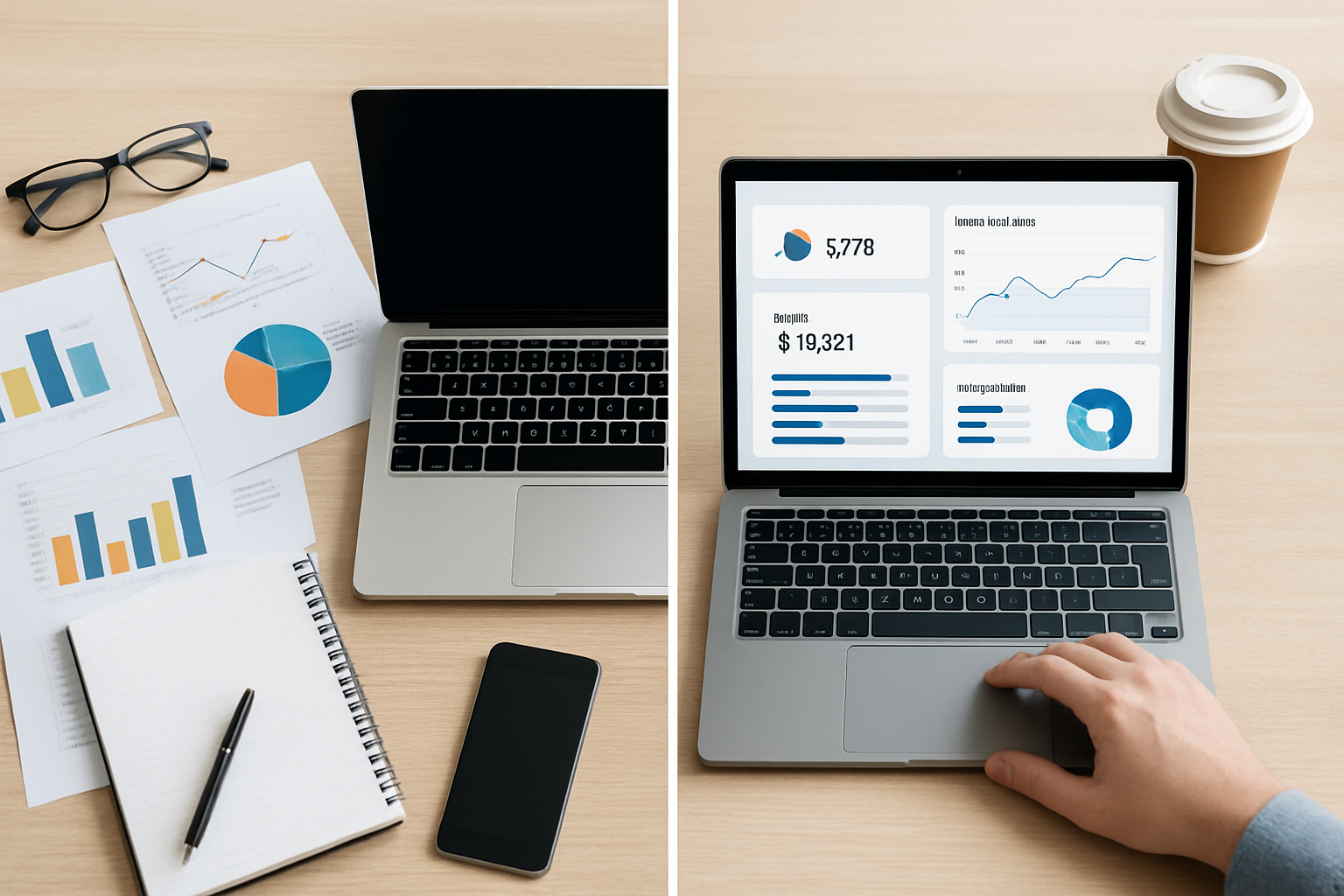 A side-by-side comparison graphic showing a marketer's workflow before automation (scattered tools, spreadsheets, manual reports) versus after automation (a single unified platform dashboard with automated alerts and clean analytics)