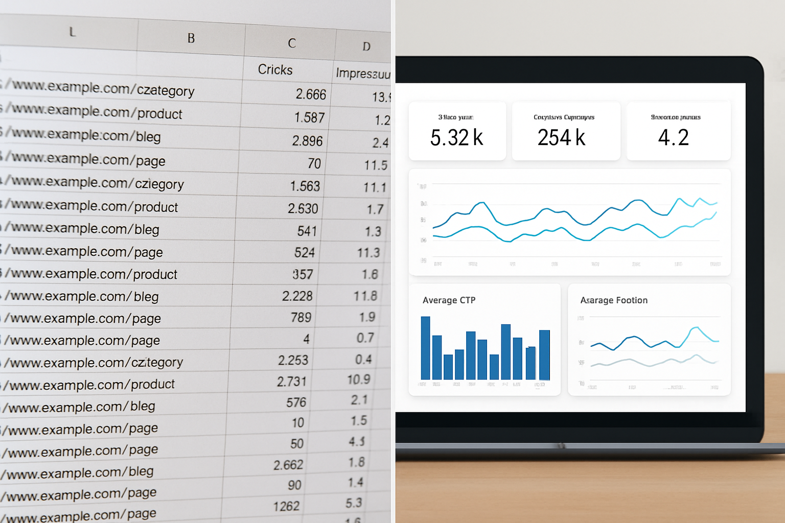 A side-by-side comparison graphic showing a cluttered spreadsheet with raw SEO data on the left versus a clean, organized SEO analytics dashboard with visual charts and KPI cards on the right, illustrating the clarity advantage of modern dashboards