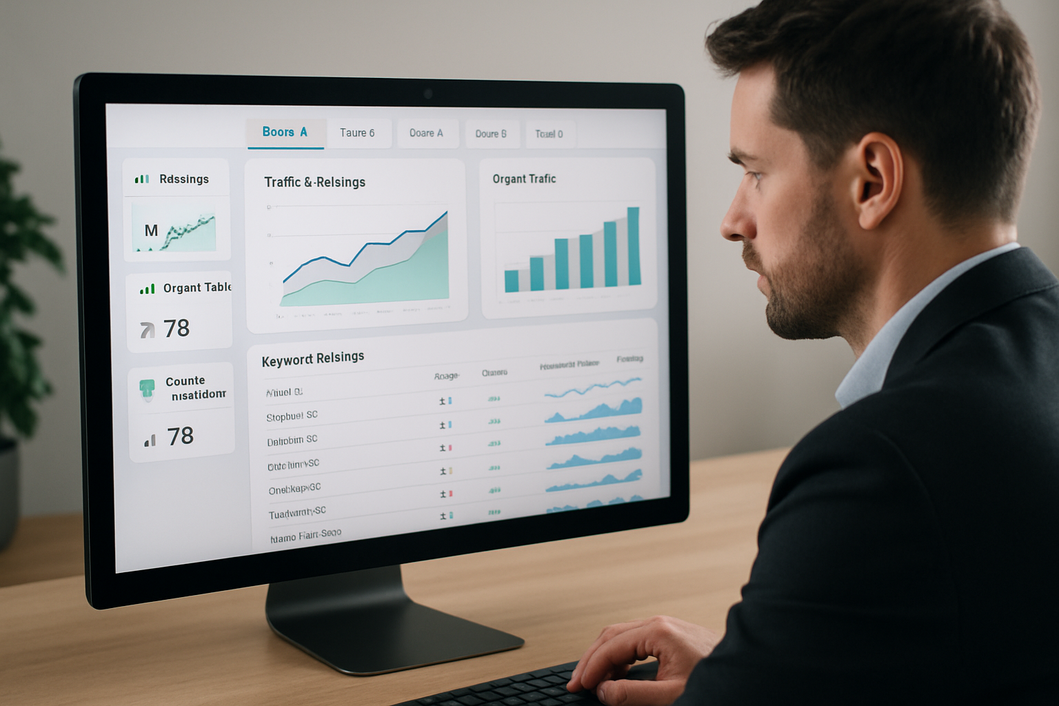 A professional SEO analyst reviewing a multi-client SEO performance analytics dashboard on a large monitor, with multiple brand tabs visible, clean data visualizations, and a sidebar showing ranking trends, organic traffic summaries, and content performance scores for each client account