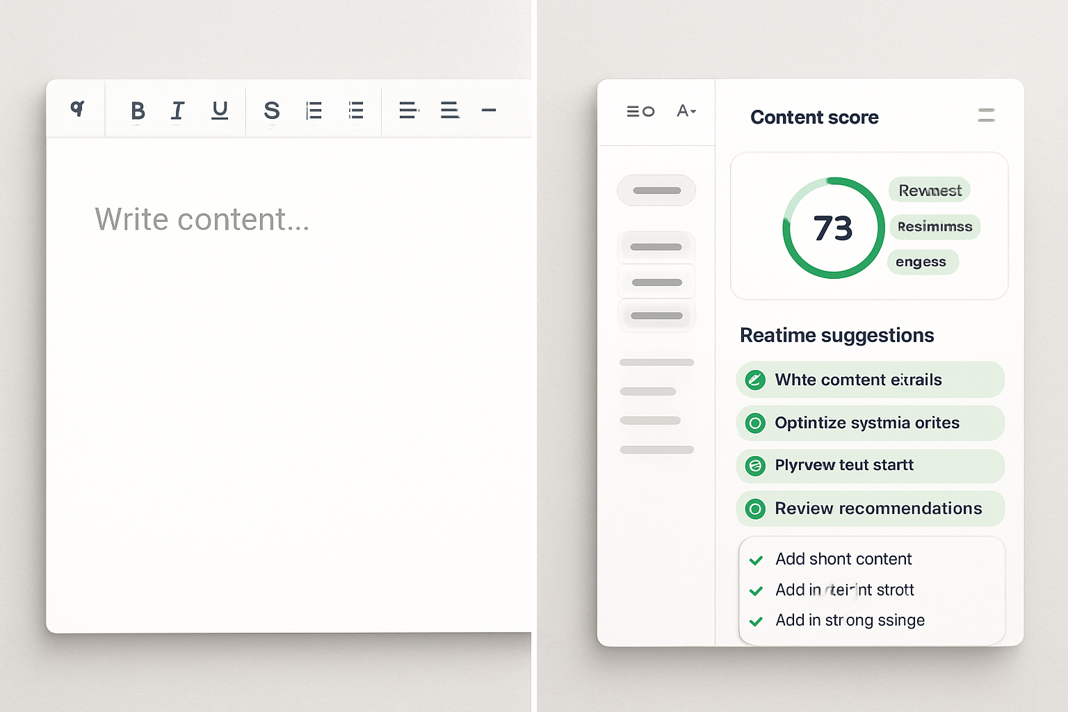 A split-screen comparison showing a blank content editor on the left and an AI-powered content optimization tool on the right with keyword suggestions, content score, and real-time recommendations highlighted in green