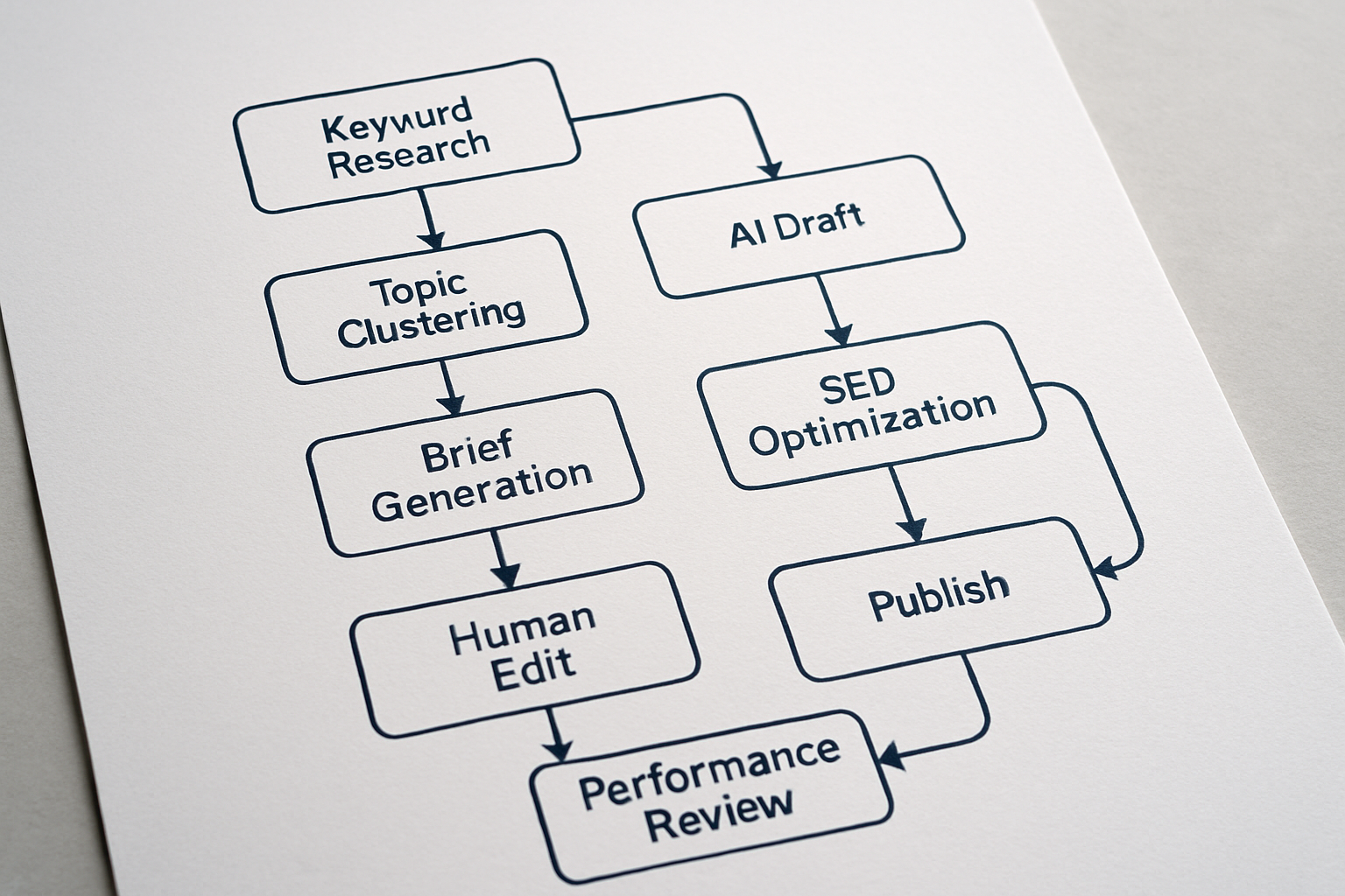 A flowchart diagram showing an AI content production pipeline with stages labeled: Keyword Research, Topic Clustering, Brief Generation, AI Draft, Human Edit, SEO Optimization, Publish, and Performance Review