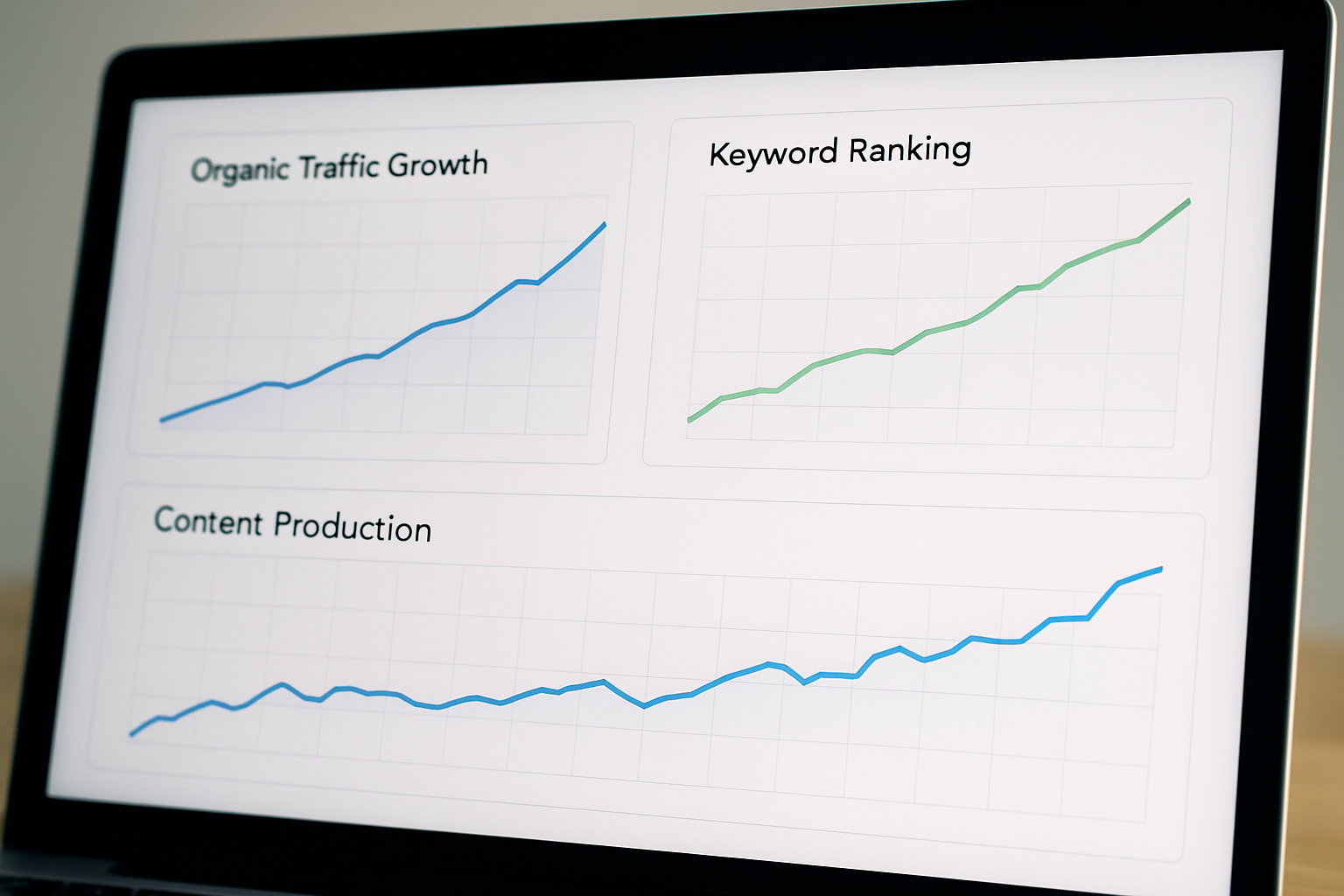 A clean analytics dashboard showing organic traffic growth charts, keyword ranking improvements, and content production velocity metrics with upward-trending graphs in blue and green