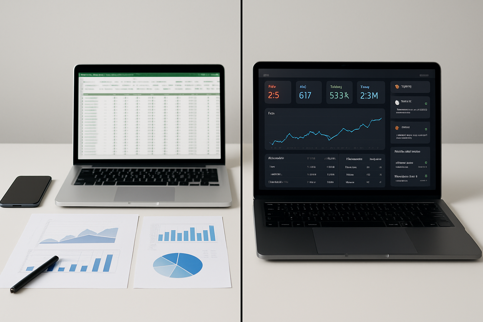 Split-screen comparison showing a manual SEO reporting workflow with spreadsheets and disconnected tools on the left, versus a streamlined enterprise SEO automation dashboard with automated alerts and live data feeds on the right