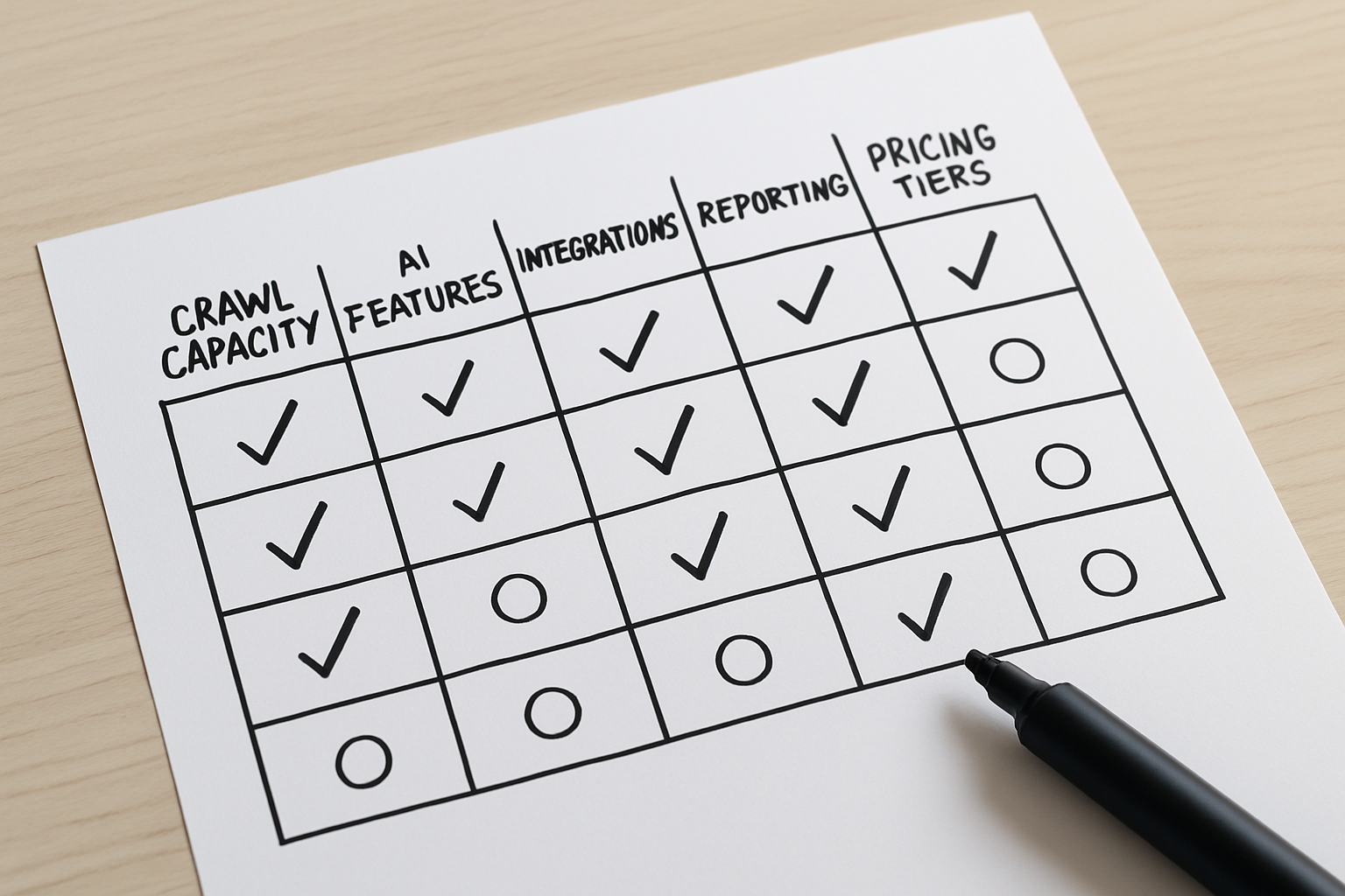 A visual decision-making framework for selecting enterprise SEO automation tools, showing evaluation criteria in a matrix format with columns for crawl capacity, AI features, integrations, reporting, and pricing tiers