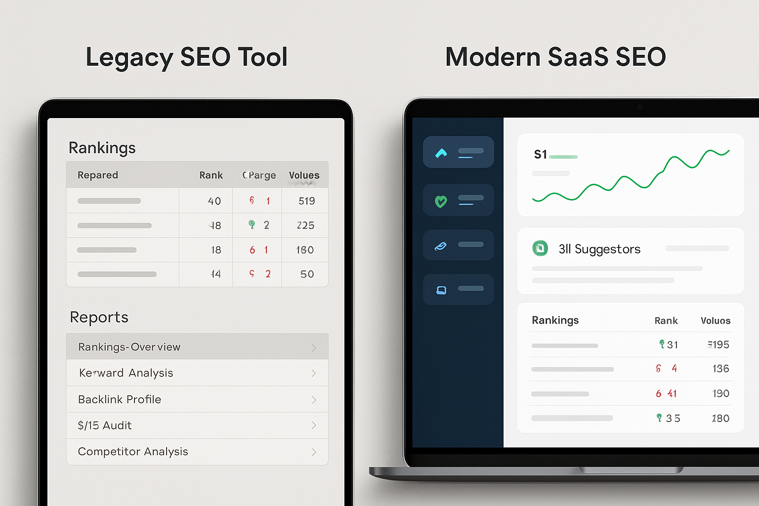 Infographic showing a side-by-side comparison of a legacy SEO tool interface versus a modern SaaS SEO dashboard, highlighting features like real-time rank tracking, AI suggestions, and collaborative reporting in a clean visual layout