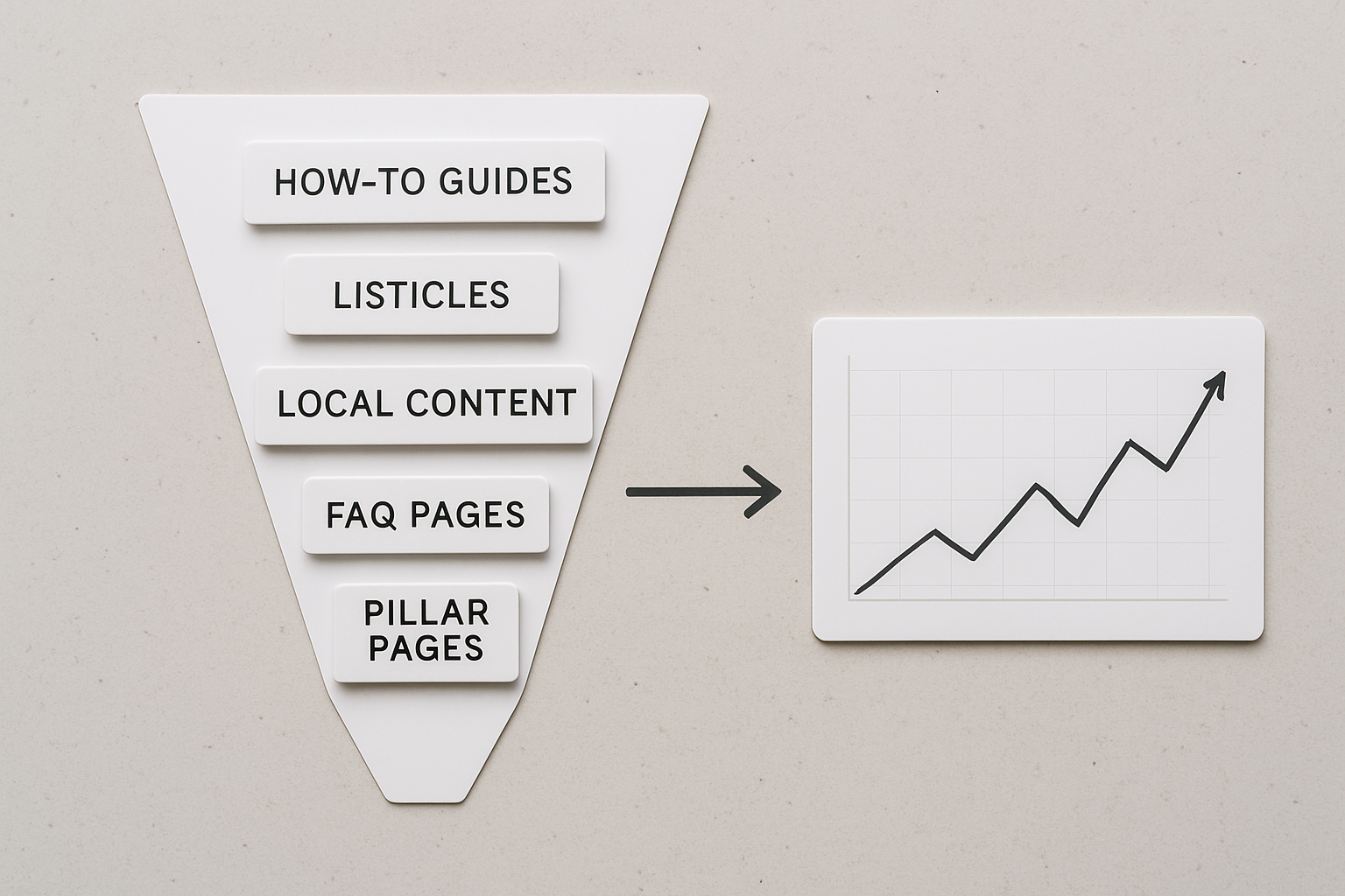 A visual content strategy diagram showing different SEO article types — how-to guides, listicles, local content, FAQ pages, and pillar pages — arranged in a content funnel from awareness to conversion, with arrows pointing to a website traffic graph