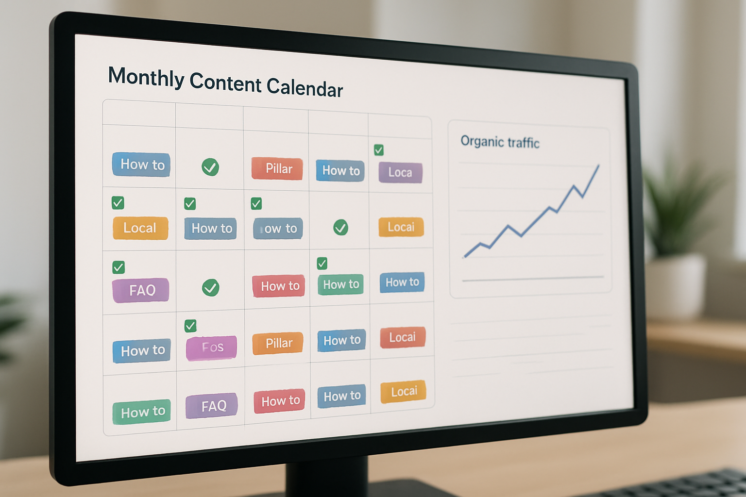 A monthly content calendar on a screen showing scheduled AI-generated SEO articles organized by topic cluster, with green checkmarks on published posts and colored labels indicating article type — how-to, pillar, local, FAQ — alongside a rising organic traffic chart