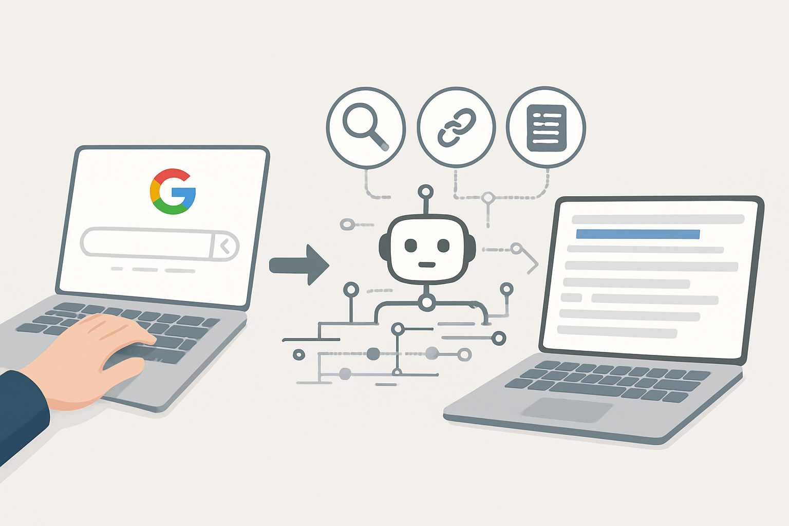 A clean, modern infographic showing the basic SEO process — a user typing a query into Google, search engine bots crawling websites, and a ranked list of results appearing on screen, with icons for keywords, links, and content quality