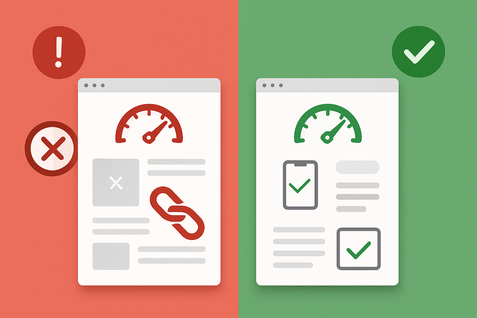 A split comparison graphic showing two websites side by side — one with poor technical SEO (slow load time, broken links, no HTTPS) shown in red with warning icons, and one with strong technical SEO shown in green with checkmarks, including fast load speed, mobile-friendly design, and structured data