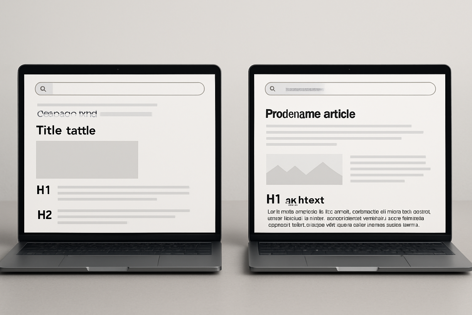 A side-by-side comparison of a poorly optimized web page versus a well-optimized one, highlighting differences in title tags, heading structure, keyword placement, image alt text, and URL formatting