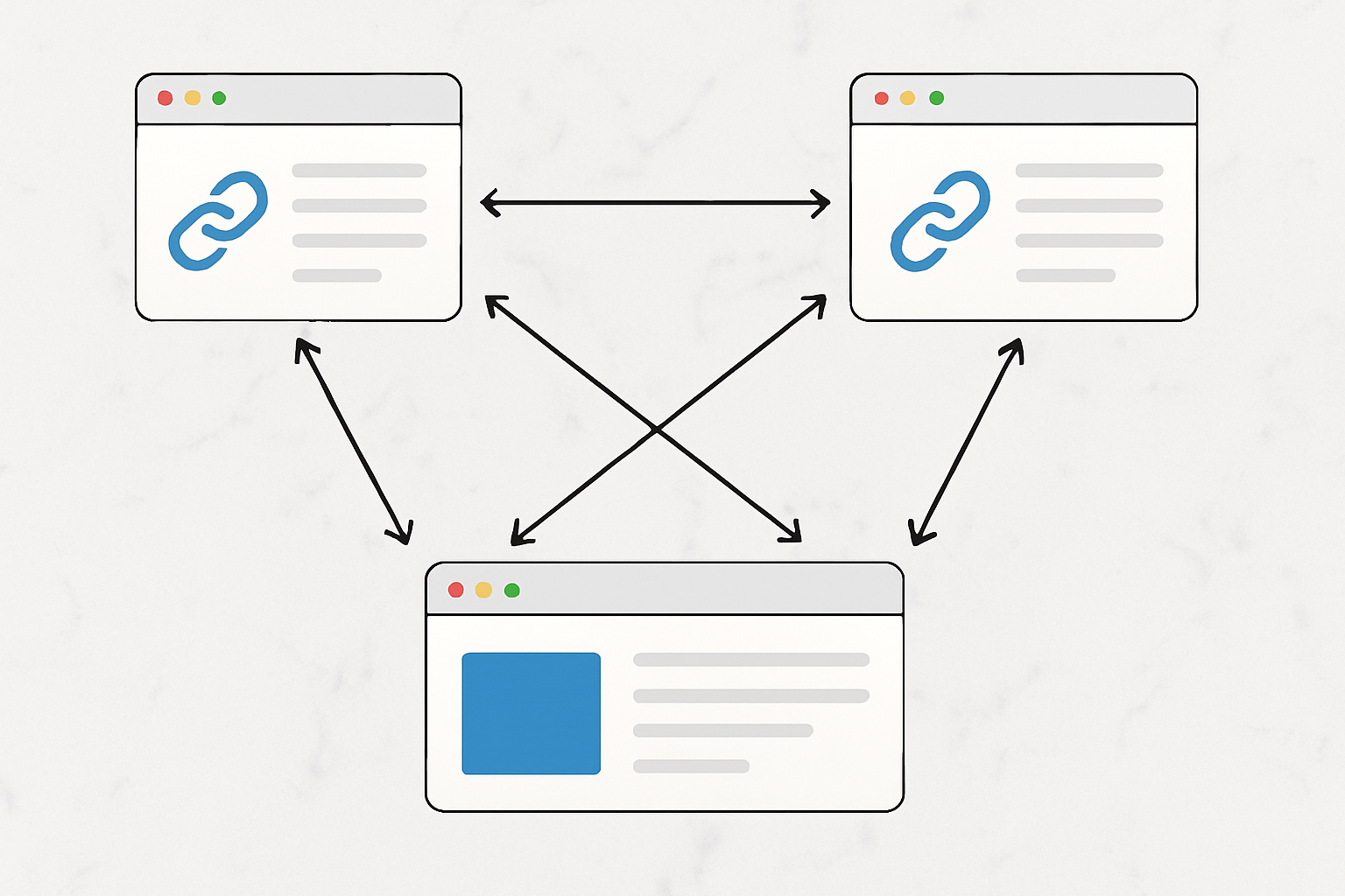 An infographic illustrating the concept of backlinks as a web of connections between websites, with arrows pointing from authoritative sites toward a beginner's website, visually representing how link equity flows and builds domain authority
