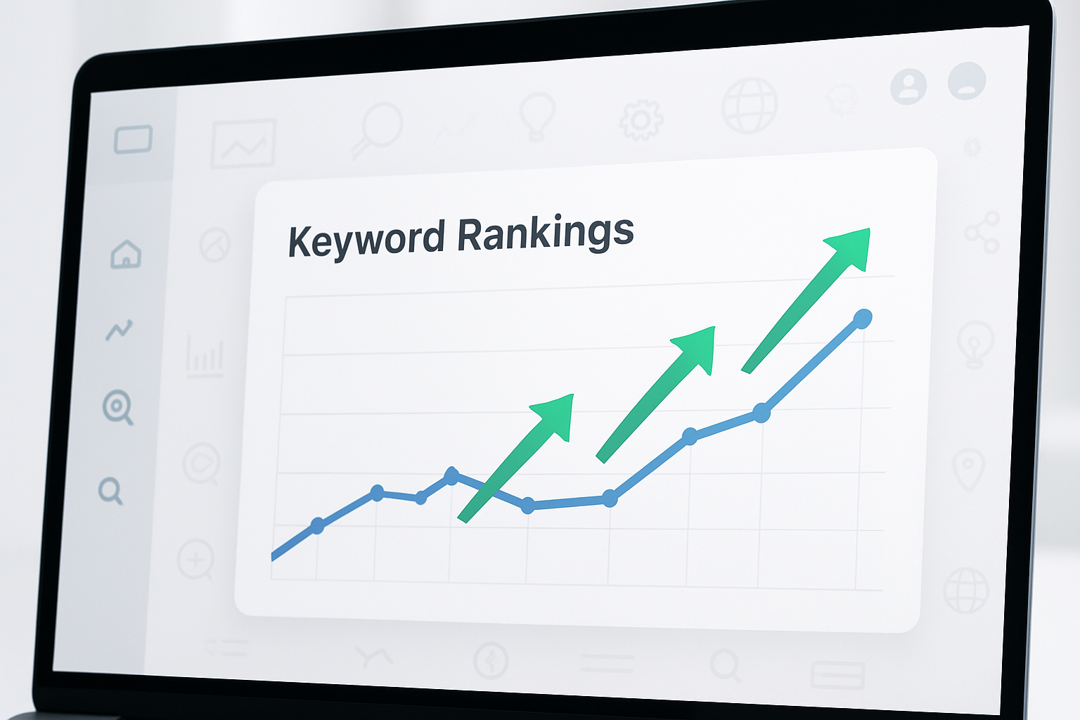 A clean, modern dashboard showing a website's keyword rankings climbing upward on a graph, with green arrows indicating growth, set against a bright white background with subtle SEO-related icons