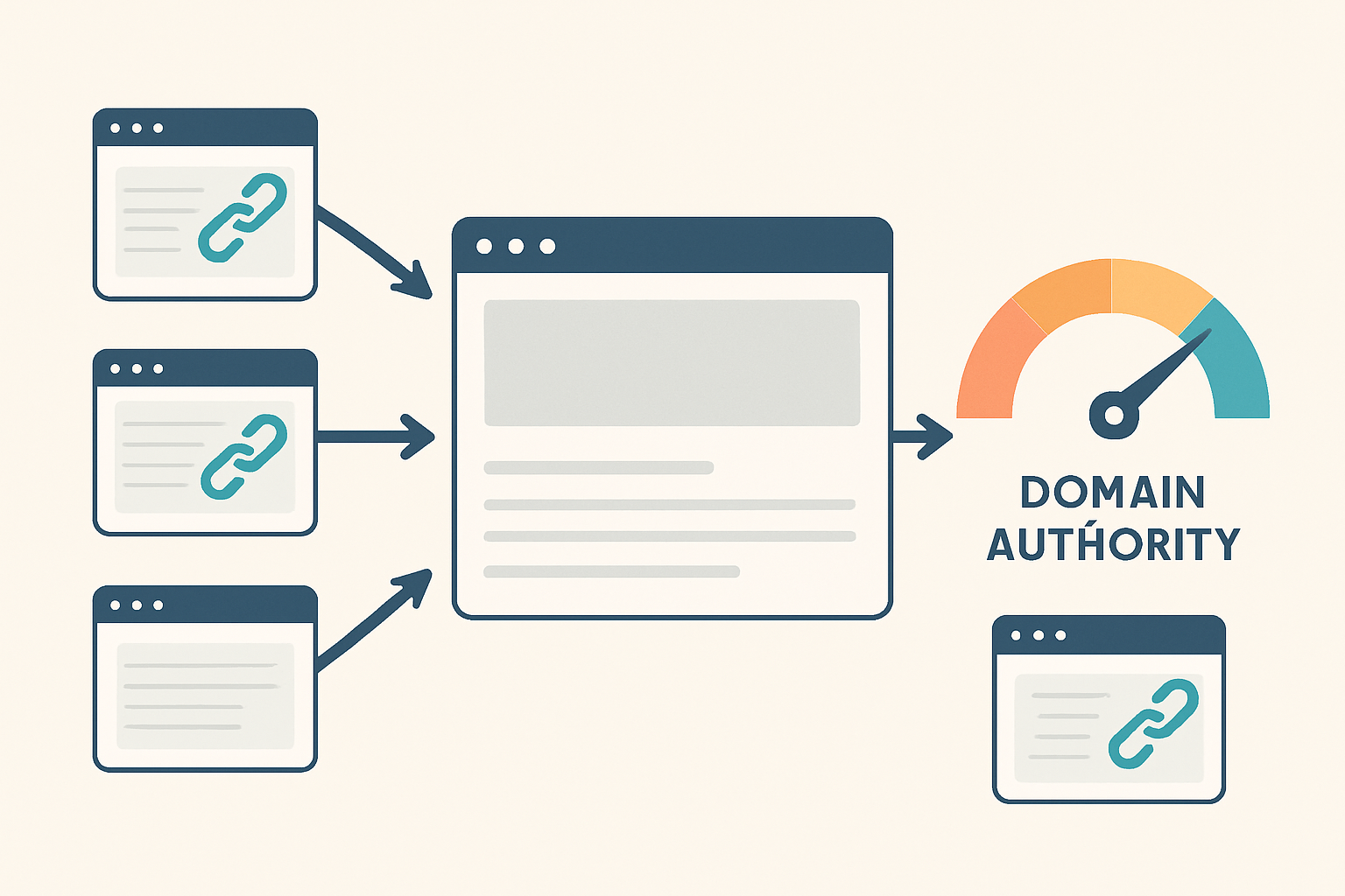 A visual diagram showing multiple authoritative websites pointing arrows (representing backlinks) toward a central website, with a "Domain Authority" meter rising as more links are added, illustrated in a clean infographic style
