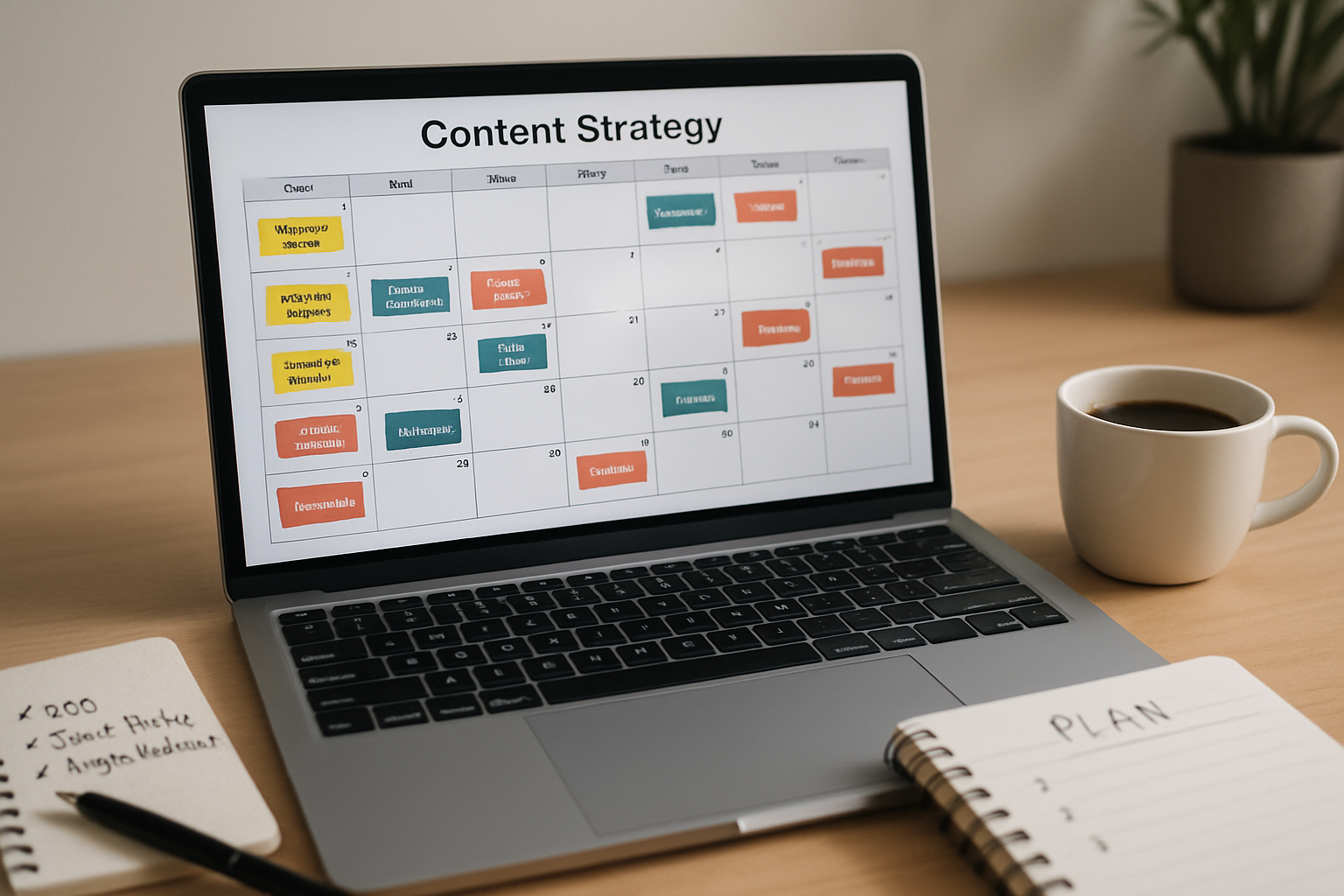 A content strategy calendar displayed on a laptop screen, showing a monthly publishing schedule with color-coded SEO content categories like "Keyword Guides," "How-To Articles," and "Case Studies," surrounded by planning notes and a cup of coffee
