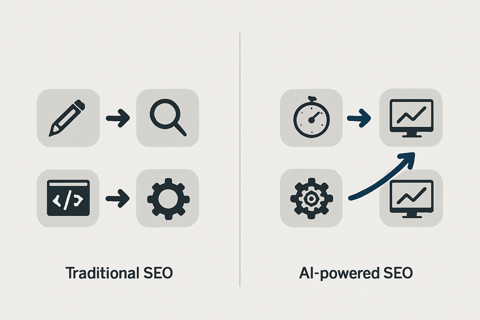 A visual comparison chart showing the workflow difference between traditional manual SEO processes and AI-powered SEO automation, with arrows and icons illustrating speed and efficiency gains