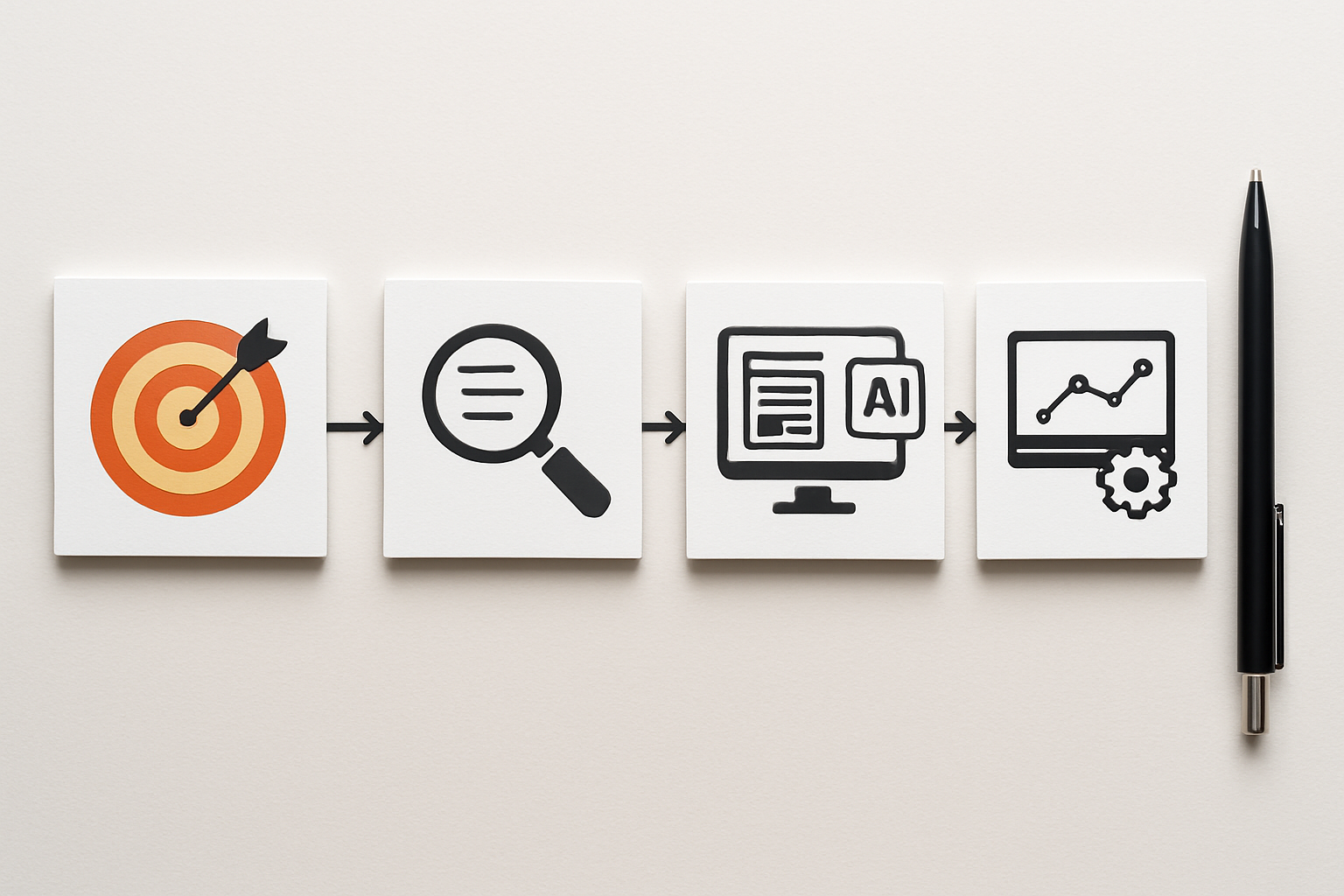 A step-by-step visual roadmap showing how a beginner progresses from setting SEO goals to using AI tools for keyword research, content creation, technical auditing, and performance monitoring