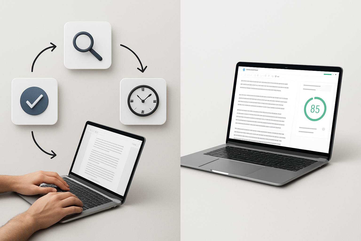 A side-by-side comparison graphic showing a traditional SEO workflow (multiple disconnected tools, manual writing steps, long timelines) versus a modern AI SEO content generator workflow (single platform, instant draft, optimization score) — illustrating efficiency gains