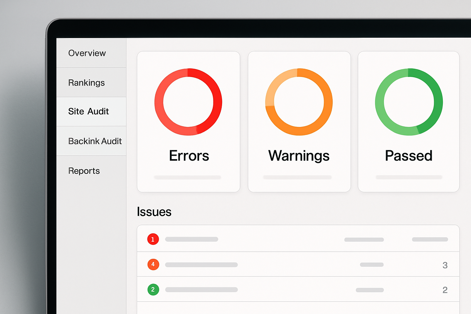 A side-by-side comparison graphic showing a website technical audit dashboard with color-coded issue severity — red for critical errors, orange for warnings, green for passing checks — displayed on a clean, modern SEO platform interface