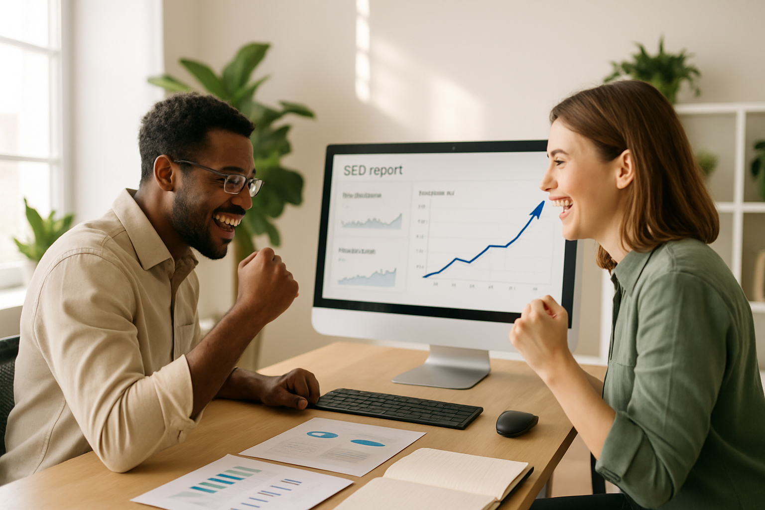A small business marketing team of two people reviewing SEO performance reports on a large monitor, celebrating an increase in organic traffic with a graph showing an upward curve — modern, bright workspace with plants and natural light
