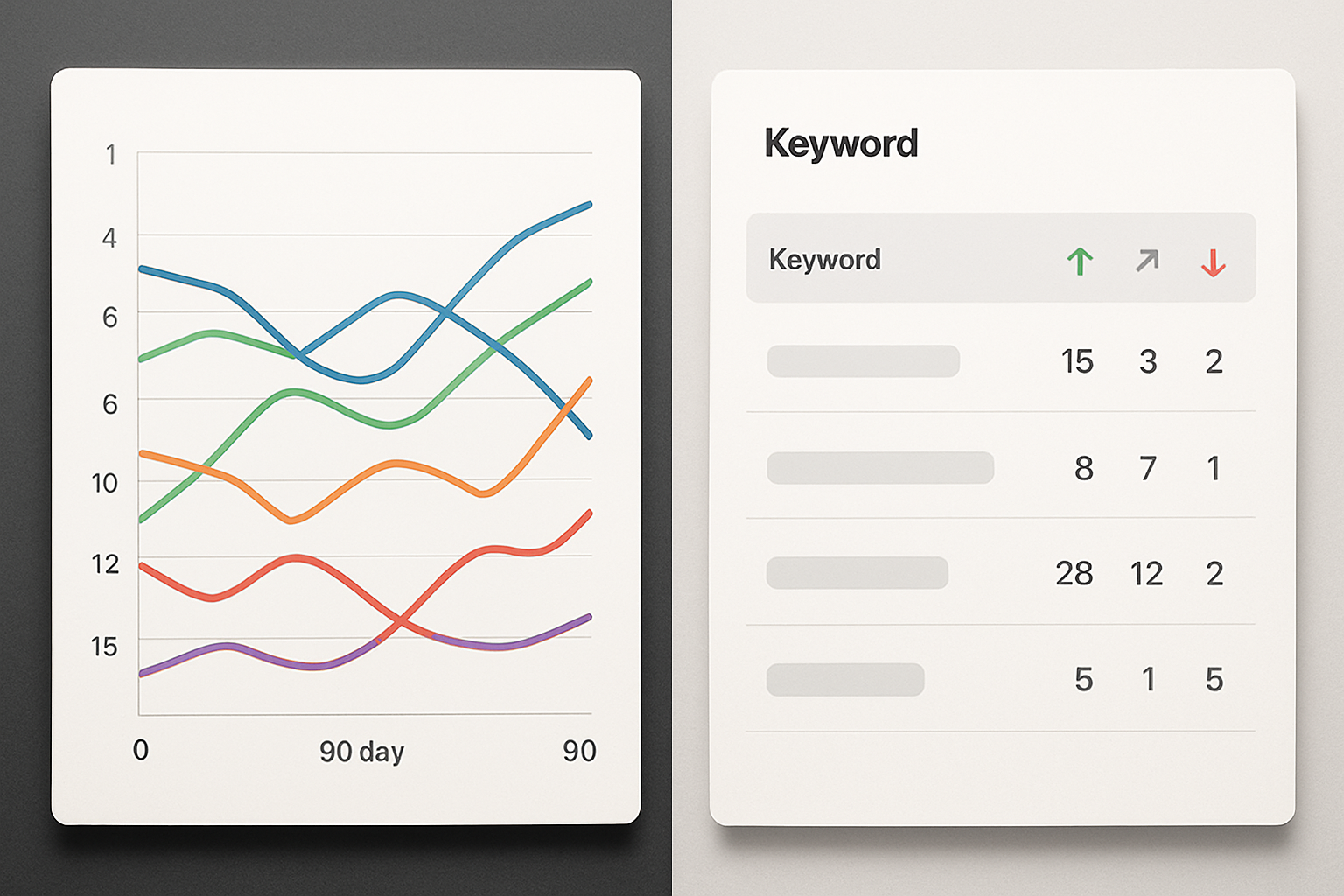A split-screen comparison showing keyword ranking trend lines for multiple websites over a 90-day period, with color-coded lines indicating improvements and declines in position, alongside a keyword performance summary table